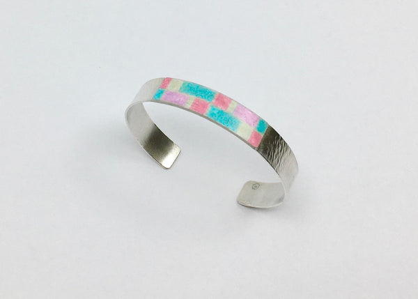 Textured Cuff Bracelet - Argentium Sterling Silver with Teal/Red/Pink Mosaic Color Accent