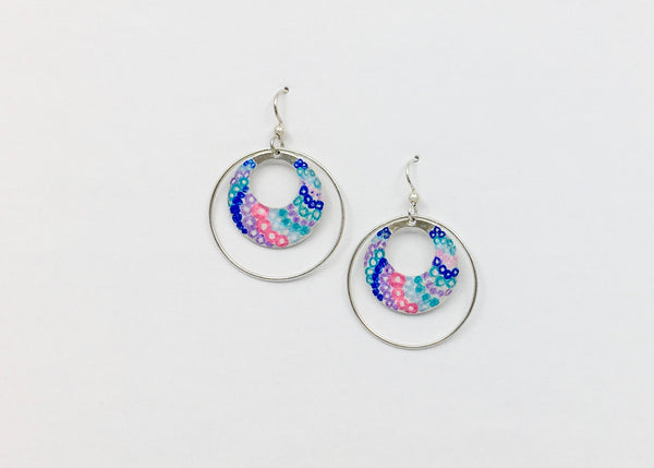 Hoop Dangle Earrings - Argentium Sterling Silver with blue/red Color Accent