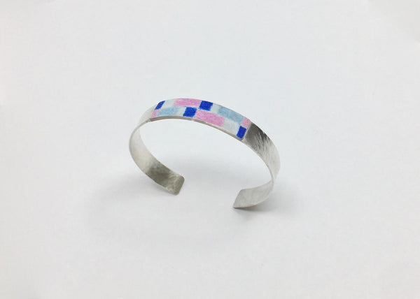 Textured Cuff Bracelet - Argentium Sterling Silver with Blue/Pink Mosaic Color Accent