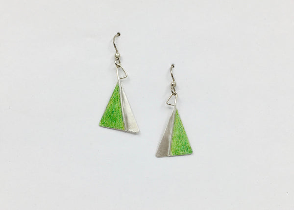 Triangle Dangle Earrings - Argentium Sterling Silver - Green Color Accent