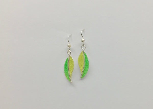 Green Leaves Dangle Earrings - Argentium Sterling Silver with Color Accent